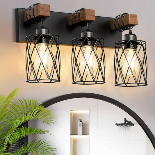 Bastian – Dreiflammige Industrie-Wandleuchte mit Holz und Metall